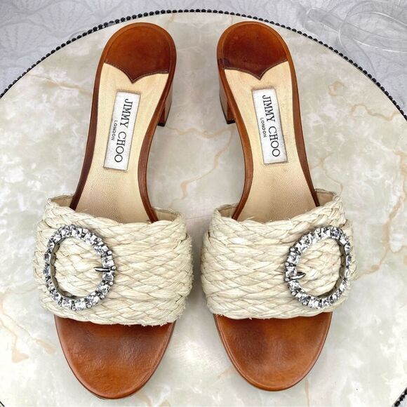 Jimmy Choo Granger Raffia-Wicker Heels Sandals Ivory Crystal Embellished Slides - Picture 4 of 13